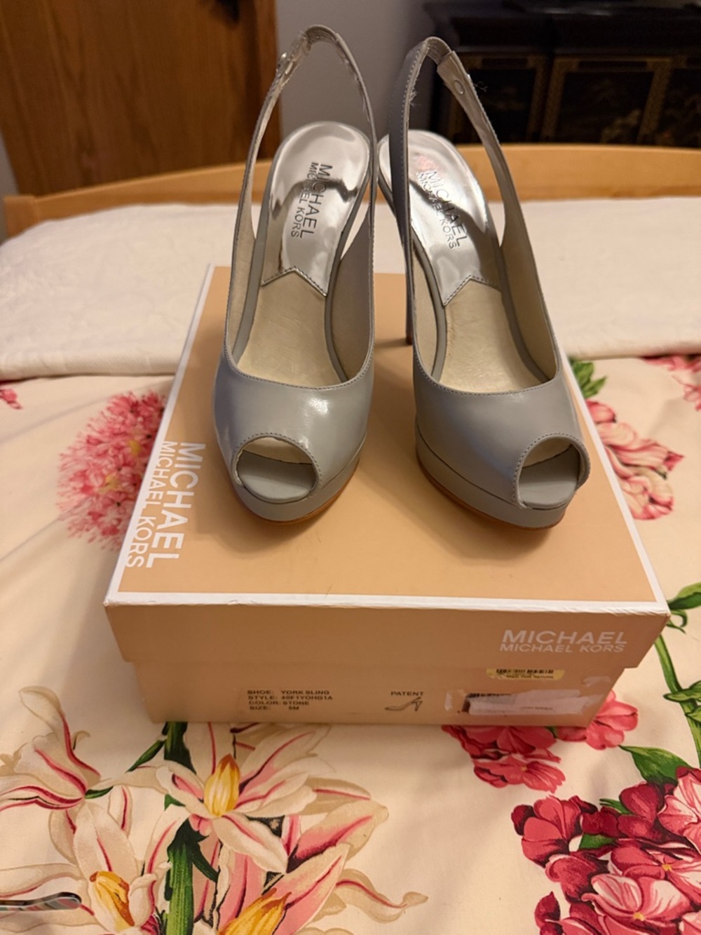 Michael Kors Light Gray Peep-Toe Slingback Heels
